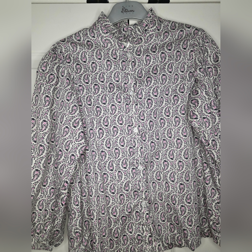 GAP Womens M Puff Sleeve Ruffle Neck Ivory Paisley Button Down Top - Picture 3 of 13